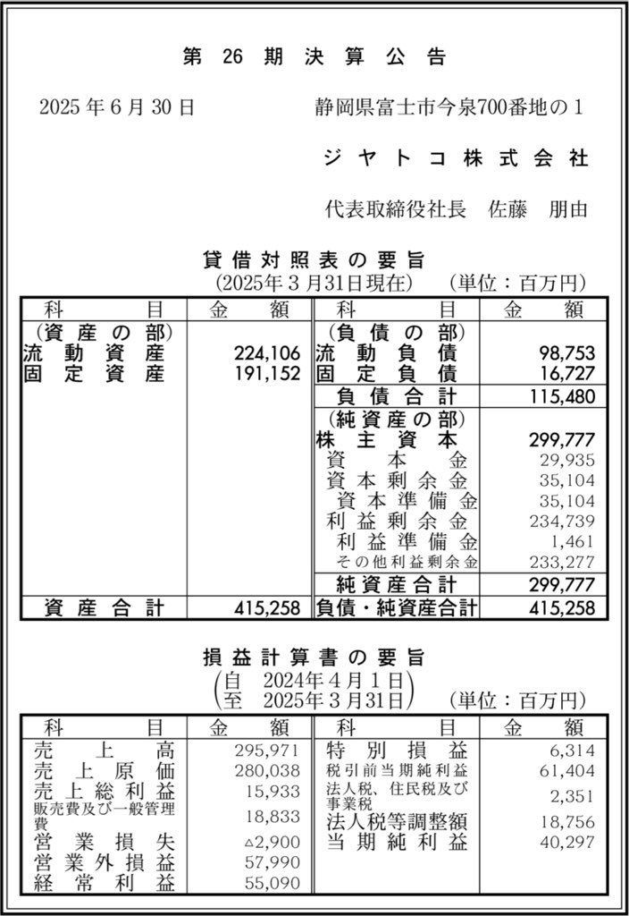ジヤトコ_決算公告
