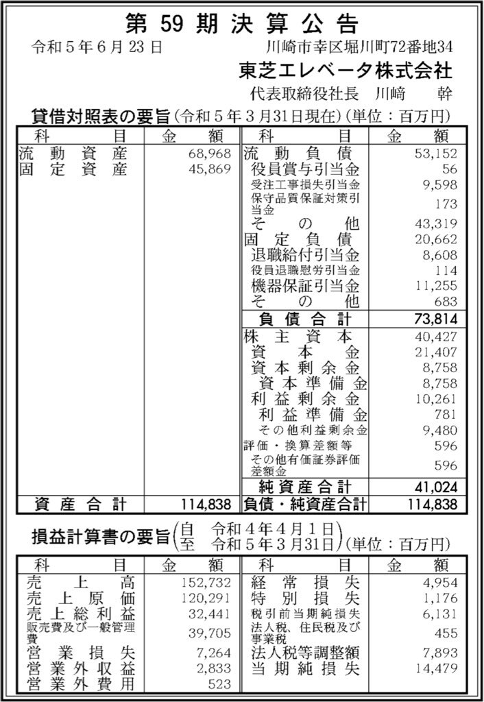 東芝エレベータ_決算公告
