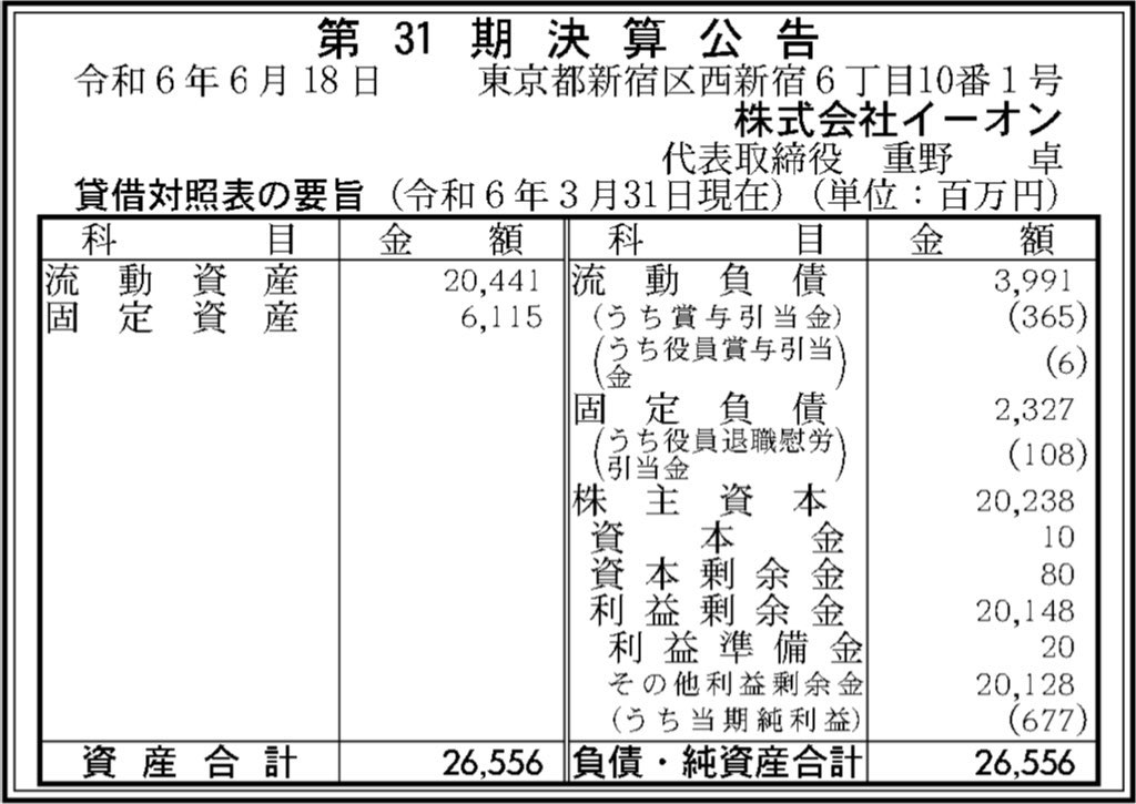 イーオン_決算公告