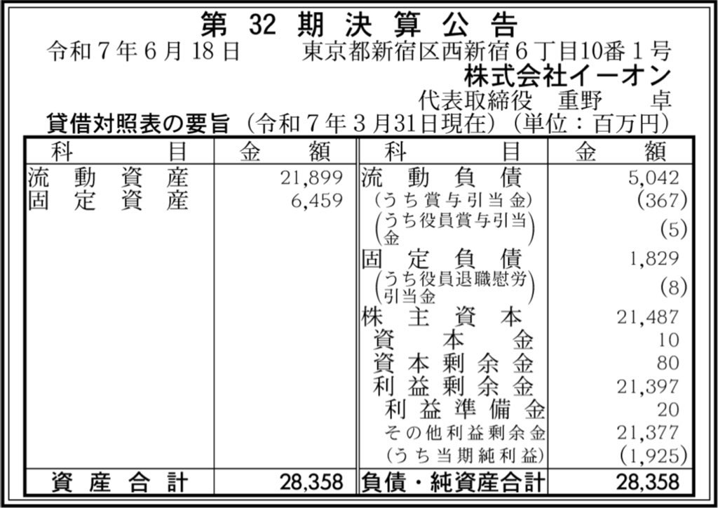 イーオン_決算公告