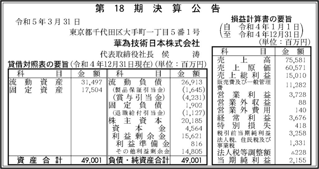 華為技術日本_決算公告