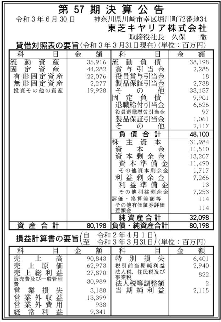 東芝キヤリア_決算公告