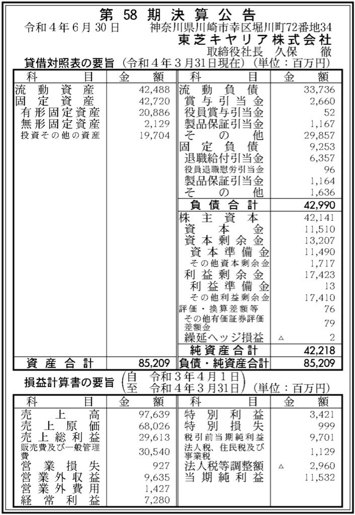 東芝キヤリア_決算公告