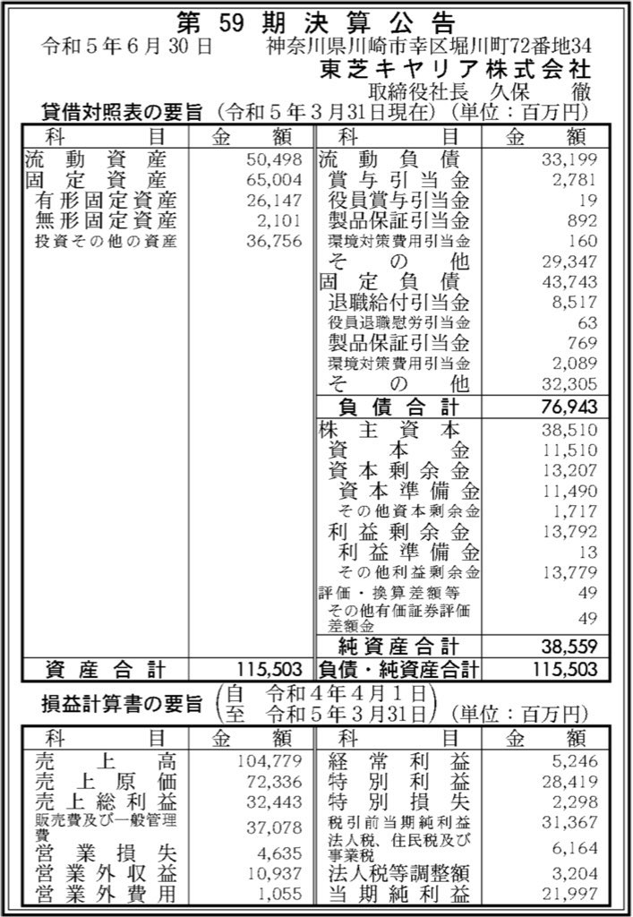 東芝キヤリア_決算公告