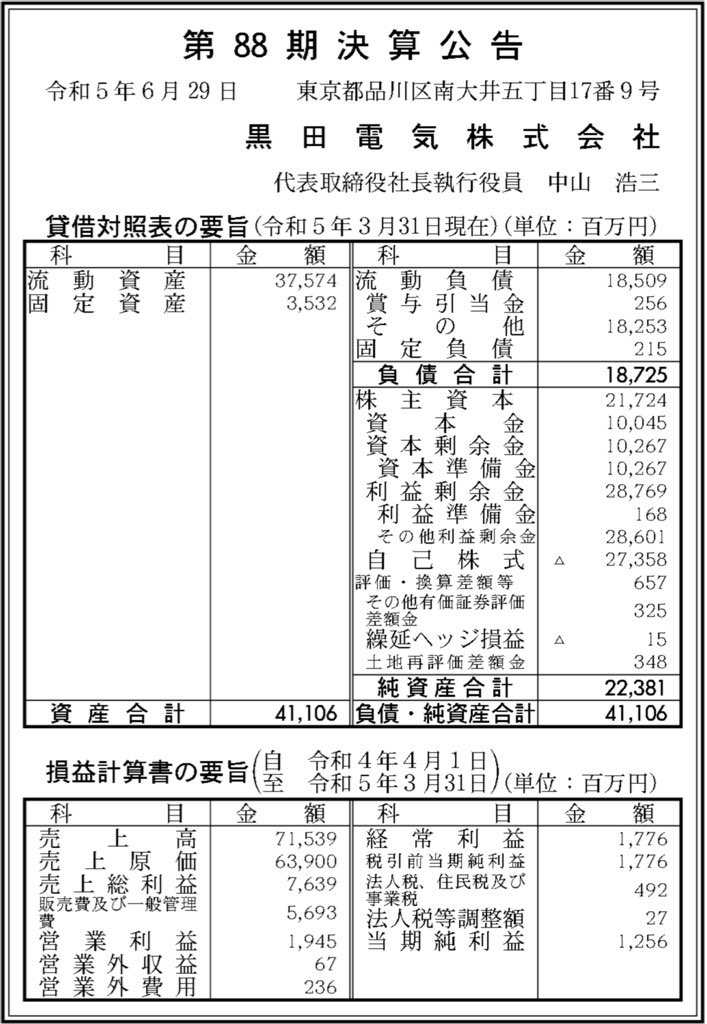 黒田電気_決算公告