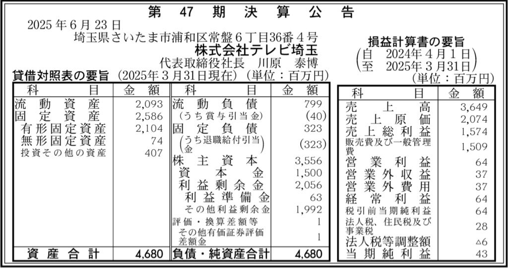 テレビ埼玉_決算公告