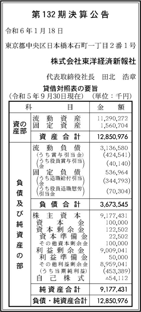 東洋経済新報社_決算公告