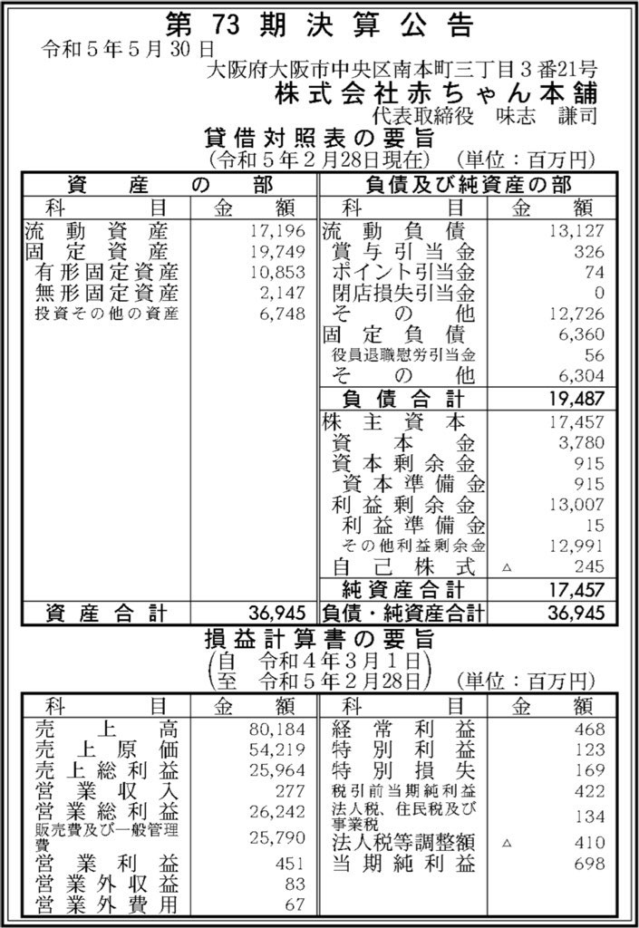 赤ちゃん本舗_決算公告