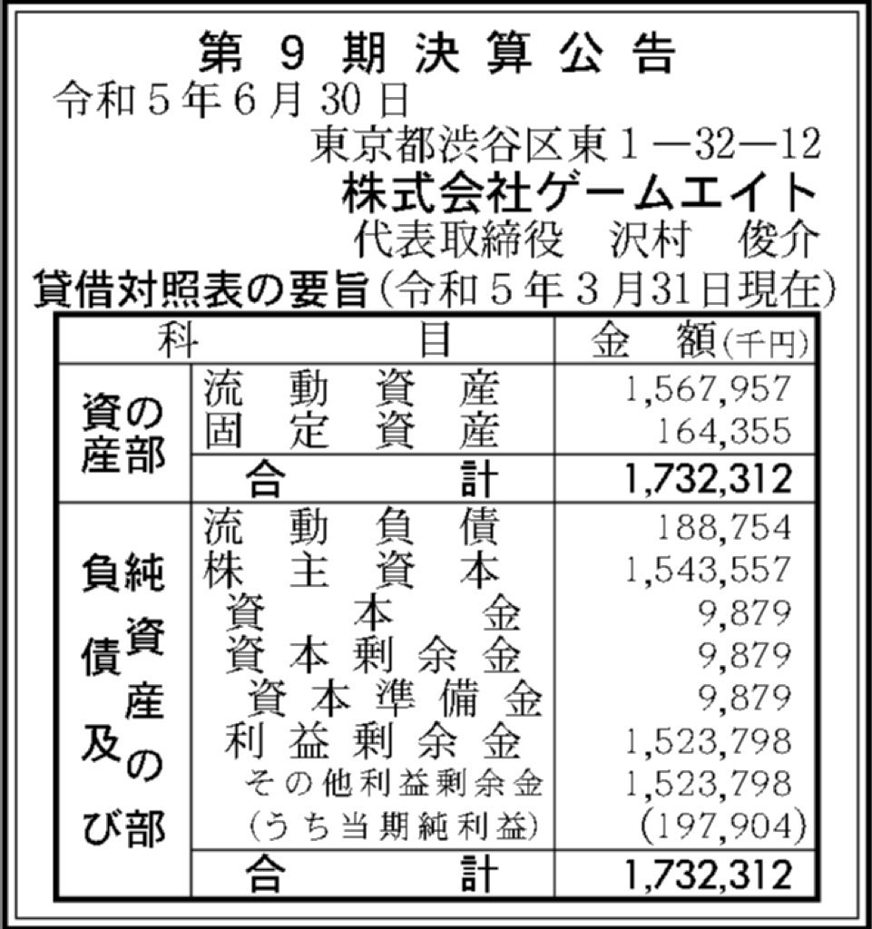 ゲームエイト_決算公告