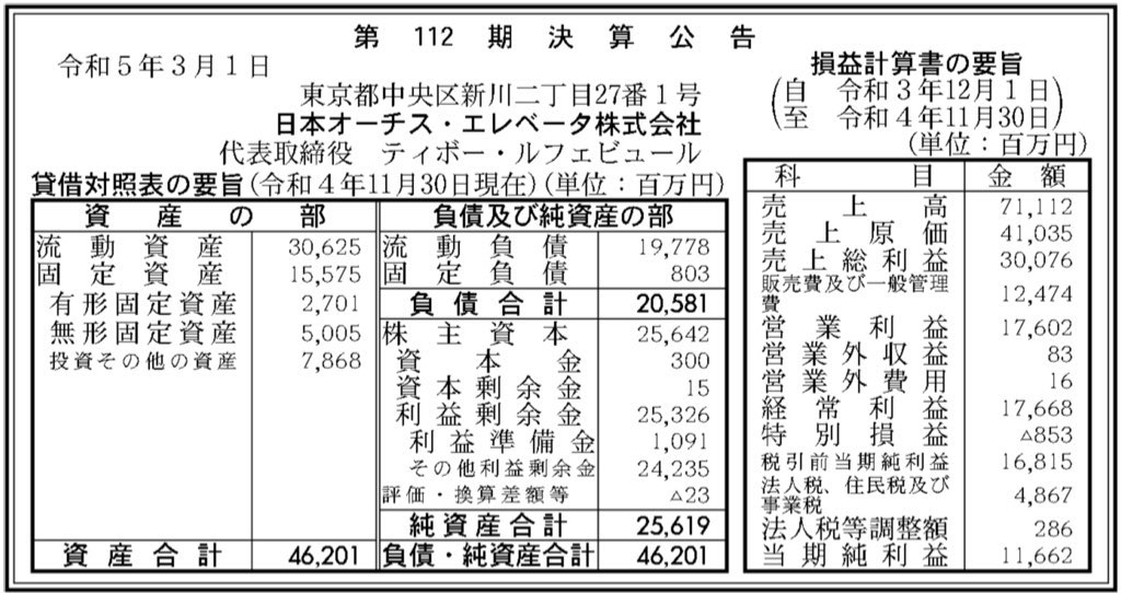 日本オーチス・エレベータ_決算公告