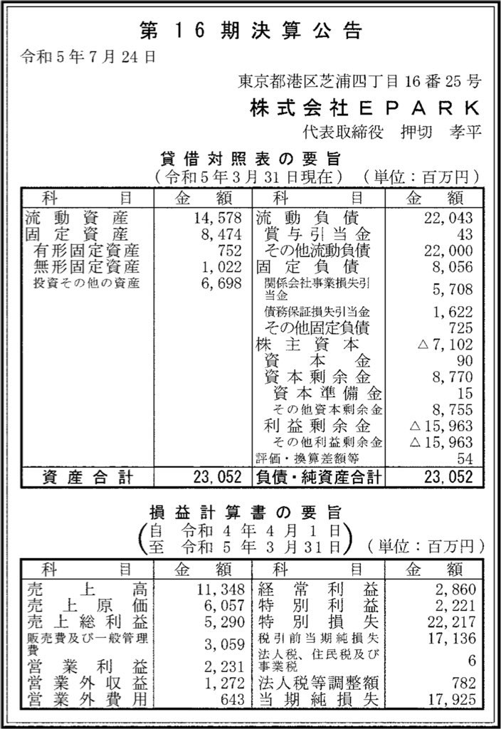EPARK_決算公告