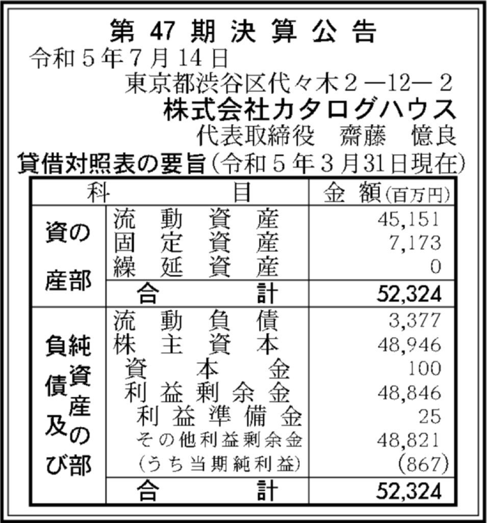 カタログハウス_決算公告