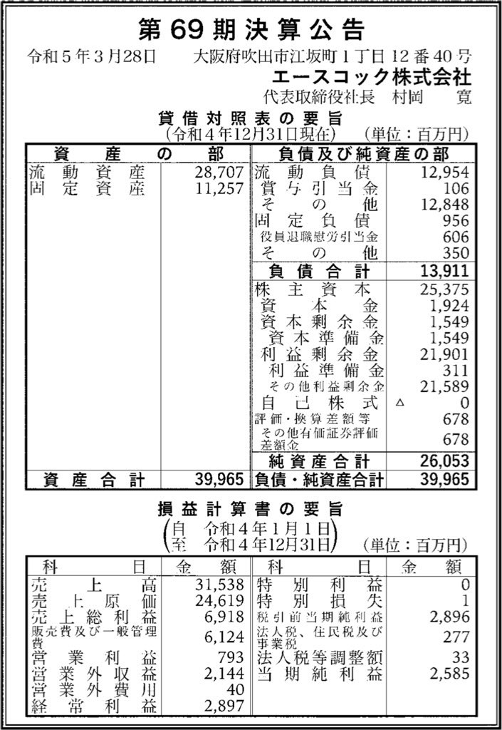 エースコック_決算公告