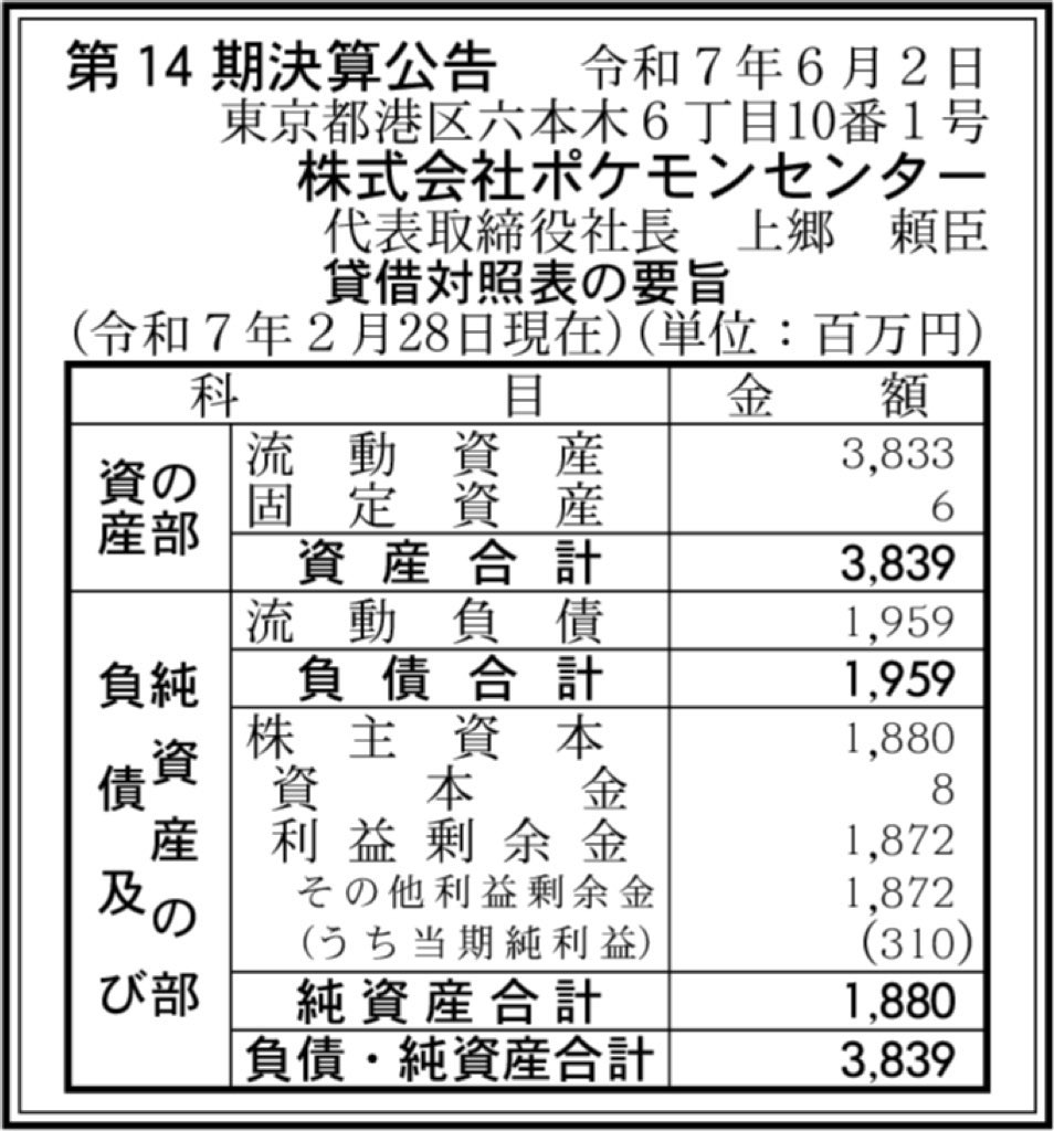 ポケモンセンター_決算公告