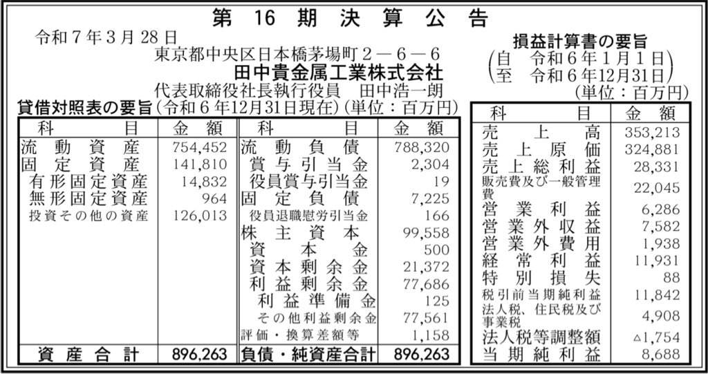 田中貴金属工業_決算公告