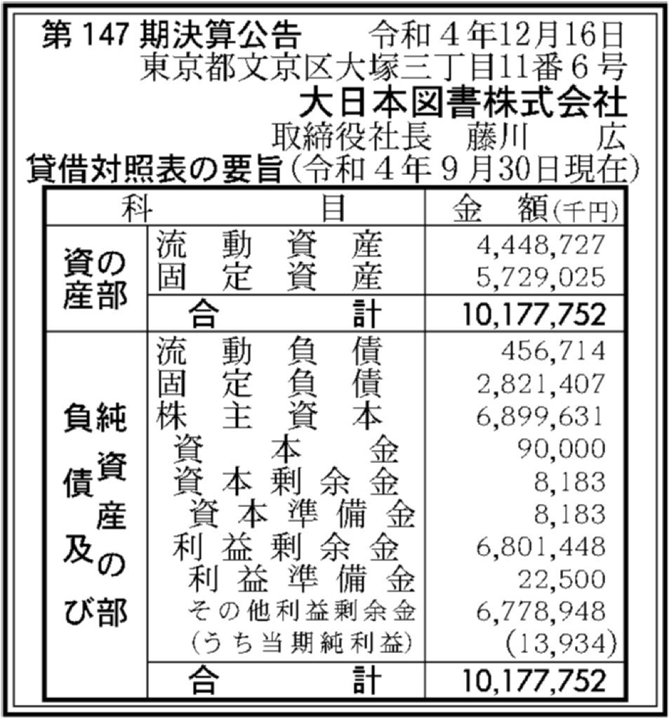 大日本図書_決算公告