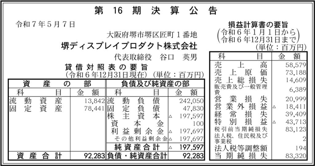 堺ディスプレイプロダクト_決算公告
