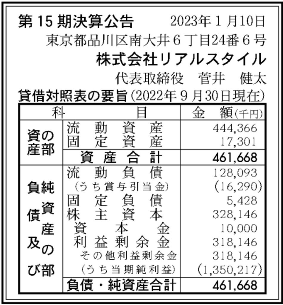 リアルスタイル_決算公告