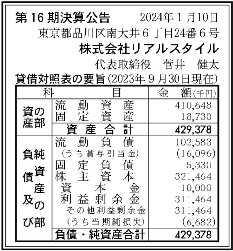 リアルスタイル_決算公告