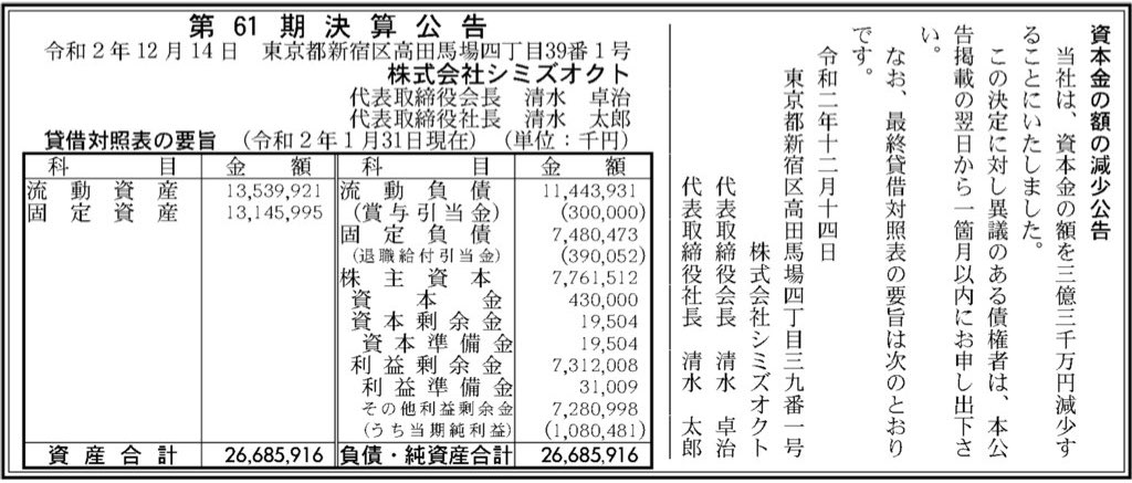 シミズオクト_決算公告