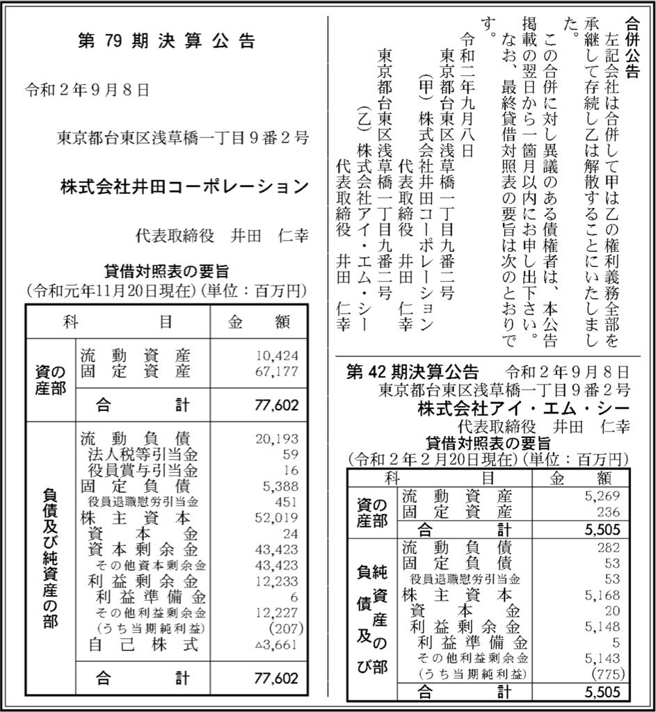 井田コーポレーション_決算公告