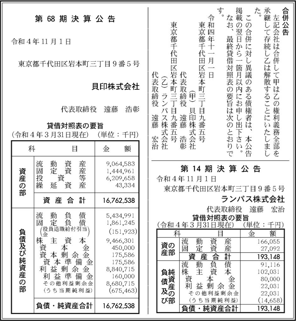 貝印_決算公告