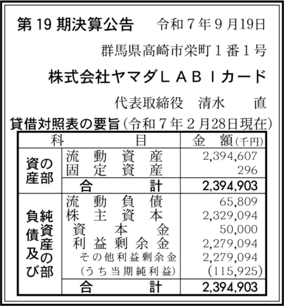 ヤマダLABIカード_決算公告