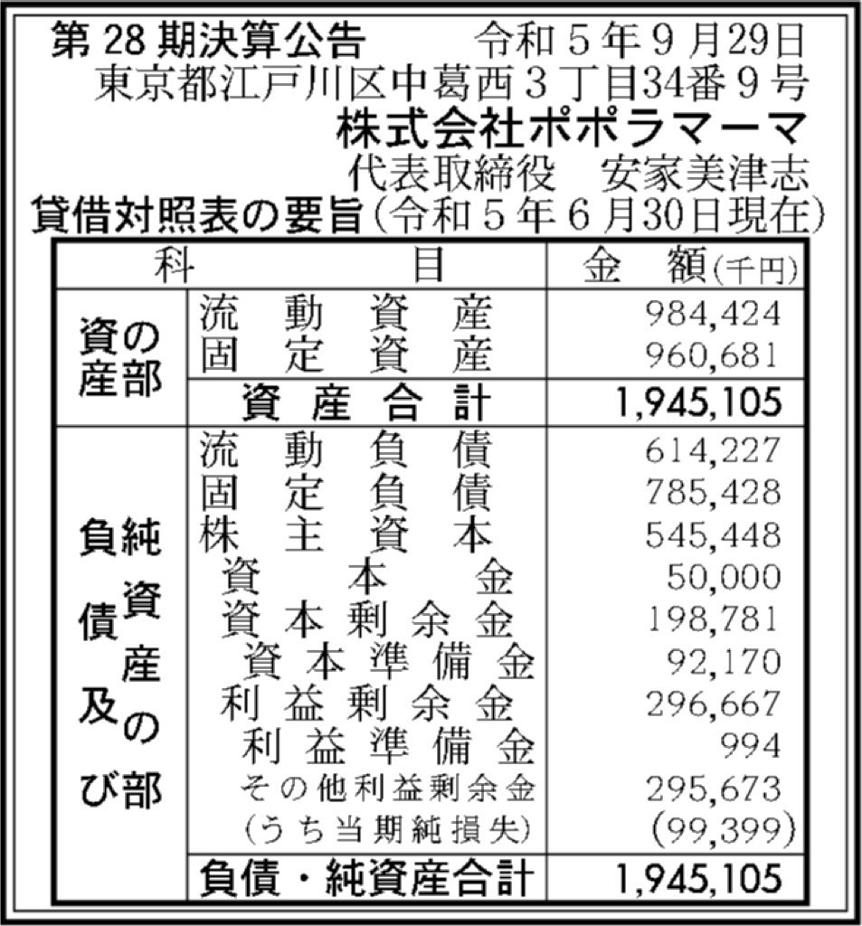 ポポラマーマ_決算公告